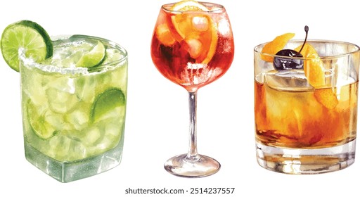 Watercolor illustration of cocktails drinks close up. Design template for packaging, menu, postcards.