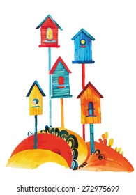Watercolor illustration  of colorful cute birdhouse.Good for greeting cards