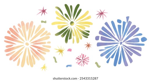 Watercolor illustration of colorful fireworks displayed on a white background. Clip Art.