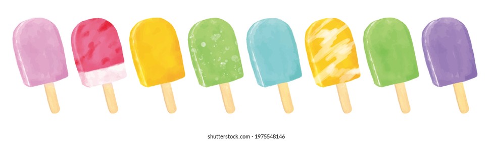 Watercolor illustration of colorful popsicles