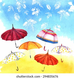 watercolor illustration of colorful umbrellas against the sky and falling leaves