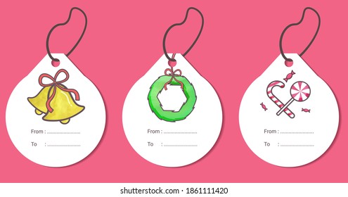 watercolor illustration with concept of christmas invitation card, bell, flower garland, lollipop and candy wrappers, message and greeting on christmas concept.