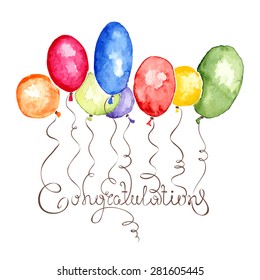 Watercolor illustration -- Congratulation with balloons
