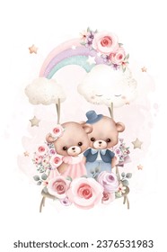 Watercolor illustration coupleTeddy bear swings on rainbow with stars