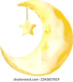 Watercolor illustration of a crescent moon and a hanging star
