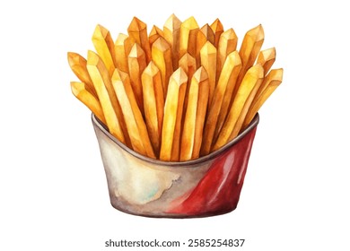 Watercolor illustration of crispy fries, vibrant golden color, fast food favorite, delicious snack option.