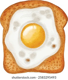 A watercolor illustration of a crispy golden brown toast topped with a sunny-side-up fried egg. 