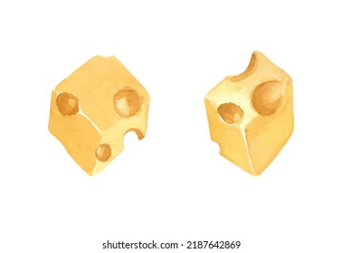 Watercolor illustration of cubes or pieces of cheese on white background