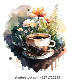 watercolor illustration of cup of coffee or tea in the garden and flowers	