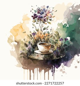 watercolor illustration of cup of coffee or tea in the garden and flowers	