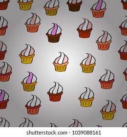 Watercolor illustration. Cupcake, macaron, shortbread. Seamless background cakes. Seamless pattern. Vector illustration. Cute birthday background on white, orange and black.