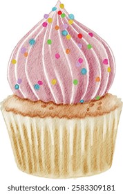 A watercolor illustration of a cupcake with pink frosting, colorful sprinkles, and delicate white swirls. The soft texture and pastel colors create a sweet and charming dessert design.