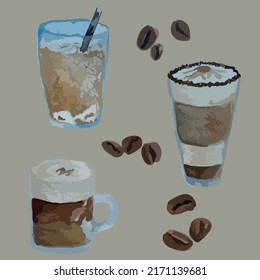 watercolor illustration of cups of glasses with coffee, latte, cappuccino, drinks with tubes of ice foam, coffee beans brown