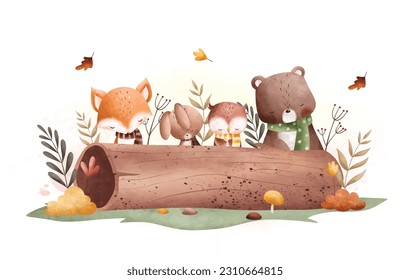 Watercolor Illustration cute animals at the garden with flowers and autumn leaves