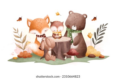 Watercolor Illustration cute animals at the garden with flowers and autumn leaves