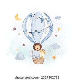 Watercolor illustration cute animals in hot air balloon with clouds and stars