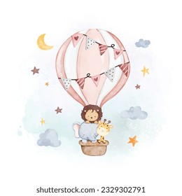 Watercolor illustration cute animals in hot air balloon with clouds and stars