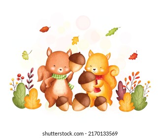 Watercolor Illustration cute autumn squirrels and falling leaves