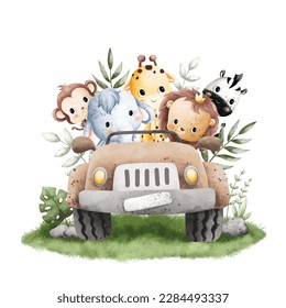 Watercolor Illustration cute baby animals riding brown safari jeep