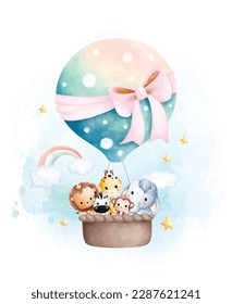 Watercolor illustration Cute baby animals in hot air balloon