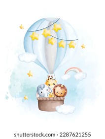 Watercolor illustration Cute baby animals in hot air balloon