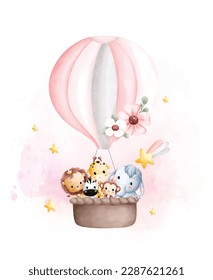 Watercolor illustration Cute baby animals in hot air balloon