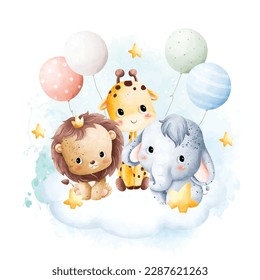 Watercolor illustration Cute baby animals and balloons sit on the cloud