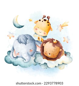 Ilustración acuarela Animales pequeños que duermen en la nube con la luna y las estrellas