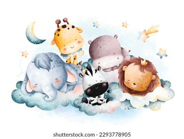 Ilustración acuarela Animales pequeños que duermen en la nube con la luna y las estrellas