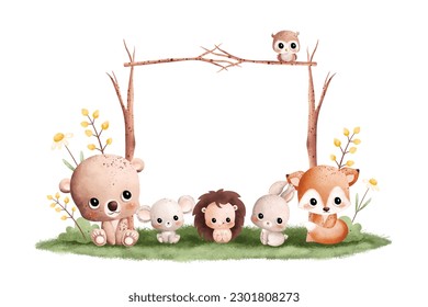 Watercolor Illustration cute baby animals and wood frame