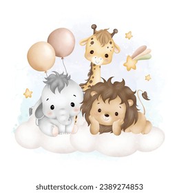 Acuarela Ilustración lindos animales bebés en la nube con globos y estrellas