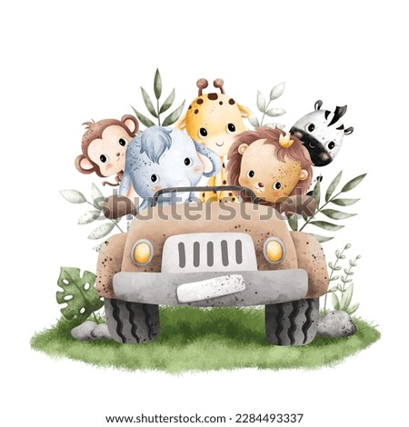 Watercolor Illustration cute baby animals riding brown safari jeep