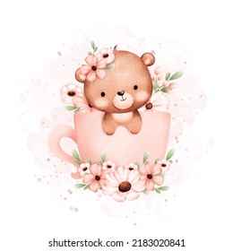 Watercolor Illustration Cute baby bear in cup of flowers 