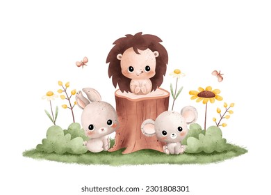 Watercolor Illustration cute baby bear sits on logwood with butterflies and flowers