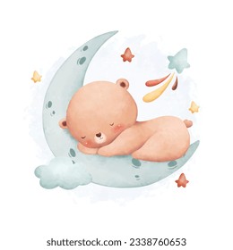 Ilustración acuarela lindo bebé oso duerme en la luna con nube y estrellas