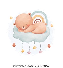 Ilustración acuarela lindo bebé oso duerme en la nube con arco iris y estrellas