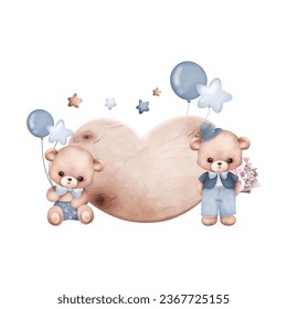 Watercolor illustration cute baby bears and wooden board