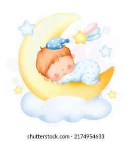 Ilustración acuarela lindo bebé durmiendo en la luna 