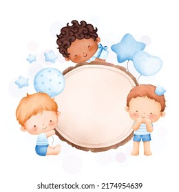 Watercolor illustration cute baby boy and wooden board 