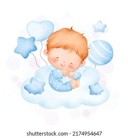 Watercolor illustration cute baby boy sitting on the cloud 