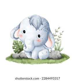 Watercolor Illustration cute baby elephant sitting on the grass with leaves