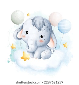 
Watercolor illustration Cute baby elephant and balloons sits on the cloud