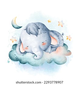 Watercolor illustration Cute baby elephant sleeping on the cloud with moon and stars