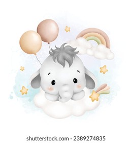 Watercolor Illustration cute baby elephant on cloud with balloons and stars