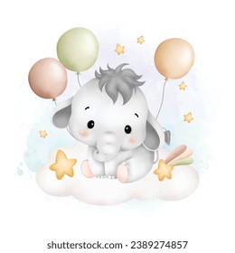 Watercolor Illustration cute baby elephant on cloud with balloons and stars