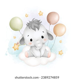 Watercolor Illustration cute baby elephant on cloud with balloons and stars