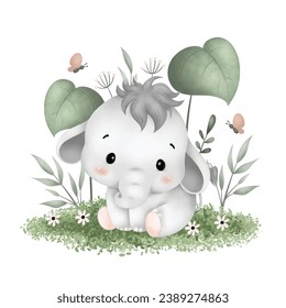 Watercolor Illustration cute baby elephant sits on green grass and tropical leaves