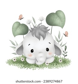 Watercolor Illustration cute baby elephant sits on green grass and tropical leaves