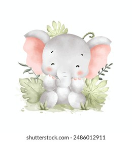 Watercolor Illustration Cute Baby Elephant and Tropical Leaves