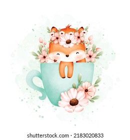 Watercolor Illustration Cute Baby Fox In Cup Of Flowers 